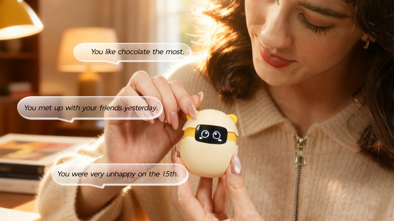 A Sweekar AI companion surrounded by speech bubbles of recollections