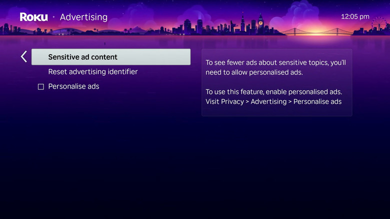 Personalized advertisement options and other ad content settings on Roku menu