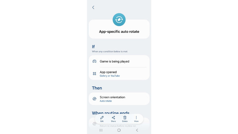 A Samsung Galaxy routine that enables automatic auto rotate toggling