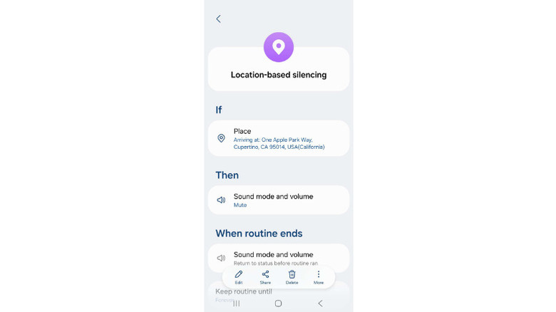 A Samsung Galaxy routine that enables automatic sound muting based on location