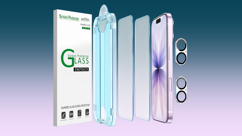 amFilm OneTouch Screen Protector for Apple iPhone 17 against a gradient background