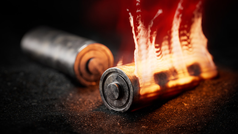 A battery on fire against a dark background