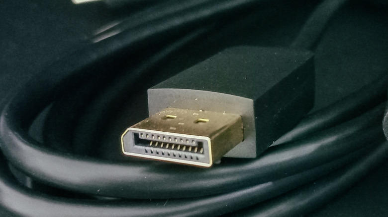 Front view of an HDMI plug, close up and showing the internal structure