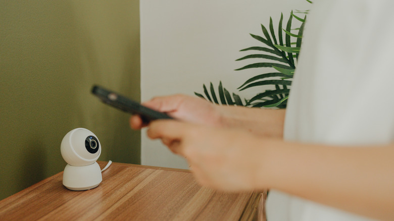 Person setting up smart home camera with smartphone