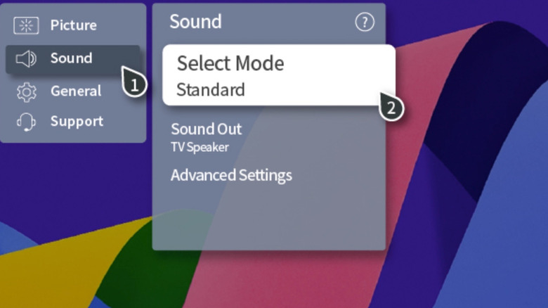 The sound settings for an LG TV