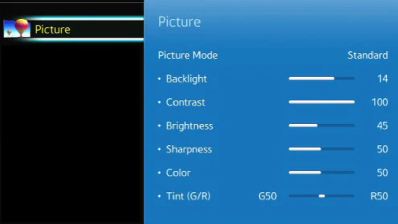 The picture settings on an entry-level Samsung TV.