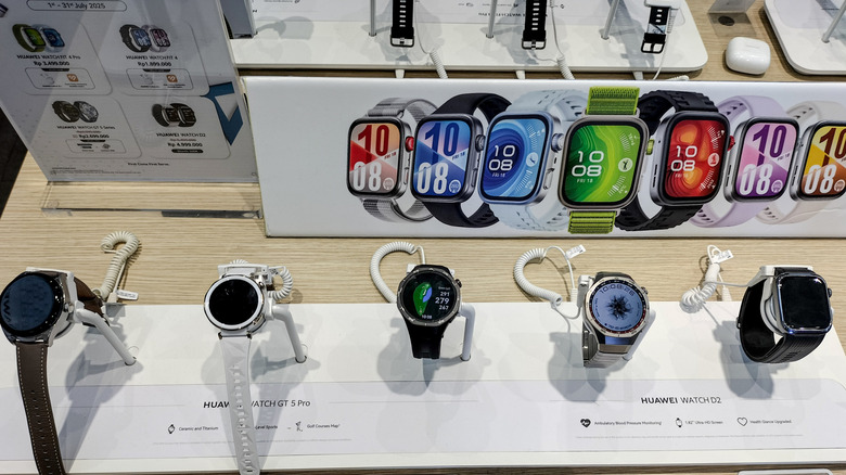 Smartwatches on display in a store
