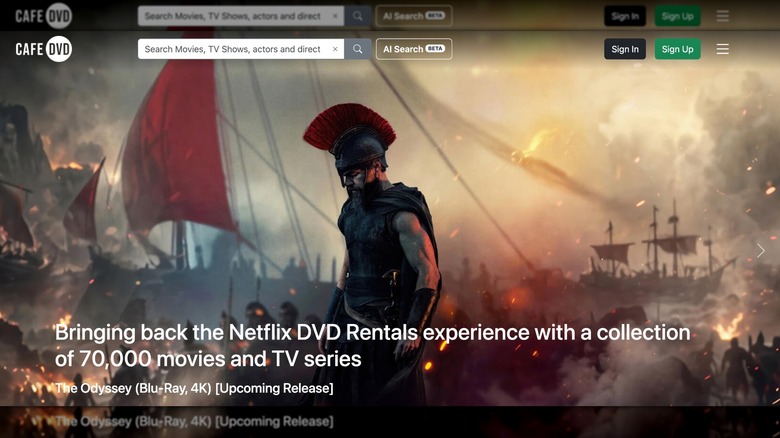 A snipper of the CafeDVD homepage, showcasing its search, log-in options, and a header showcasing upcoming releases