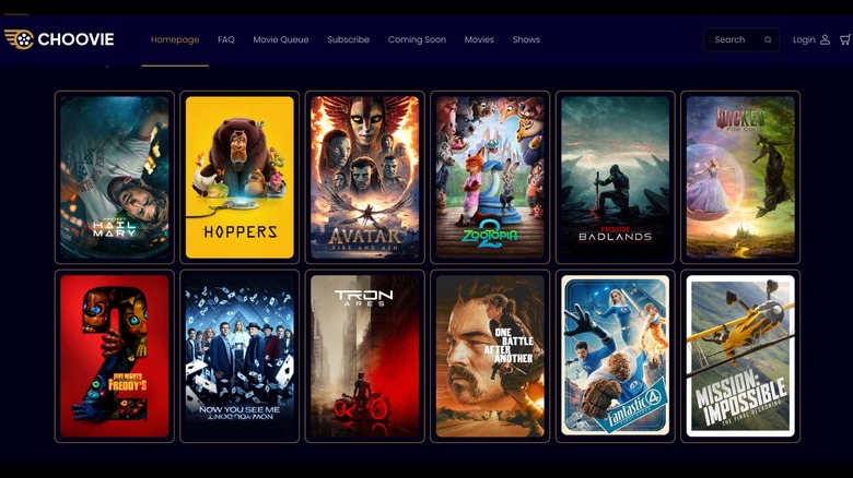 A page on the Choovie website showcasing some of the movies available for rent, it can also give users an idea of how the website functions