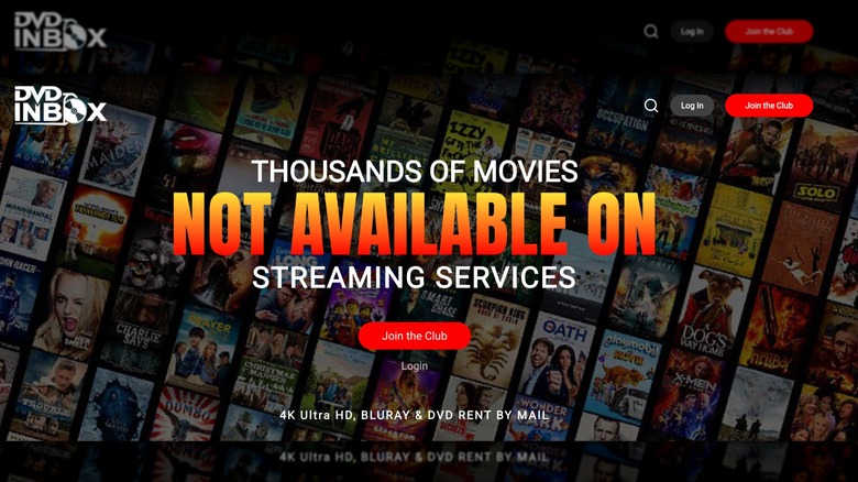 A banner on the DVDInbox home page that shows several movie posts, a log-in button, and a header explaining to audiences they can access thousands of movies through the service