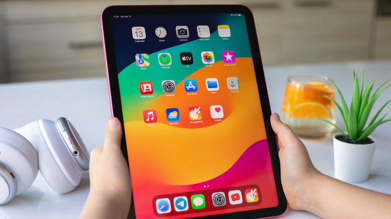 person holding an ipad, plant and headphones visible