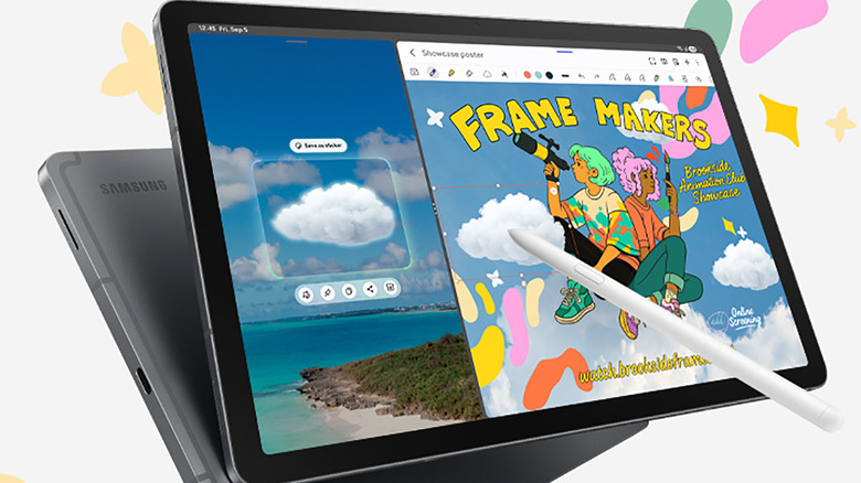 The Samsung Galaxy Tab S10 Lite floating on a colorful background with the S Pen on screen showing a comic book.