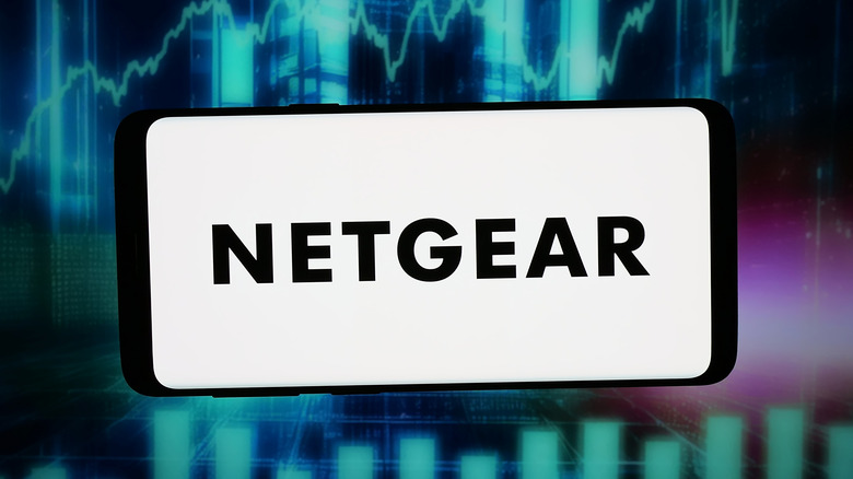 Netgear logo on a smartphone with a stylized background