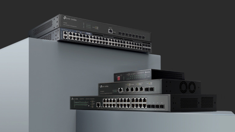 Omada network switches set up on pedestals.