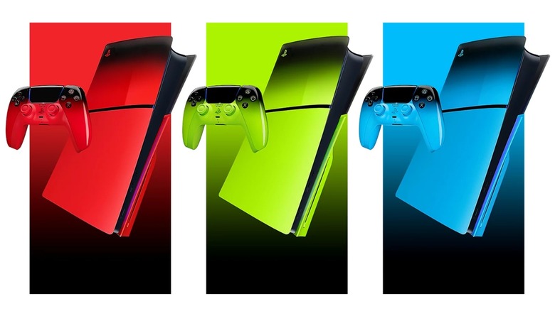 PS5 consoles with bright red, bright green, and bright blue covers from the HYPERPOP Collection