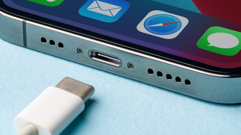 A charger being plugged into an iPhone