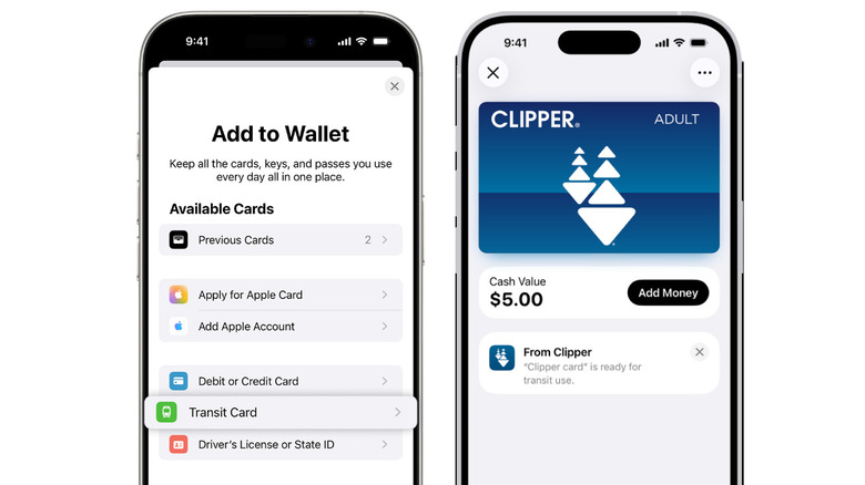 A pair of images showing process of adding a transit card to Apple Wallet