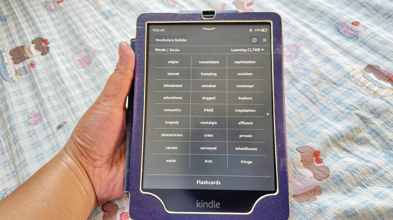 Hand holding Kindle showing Vocabulary Builder
