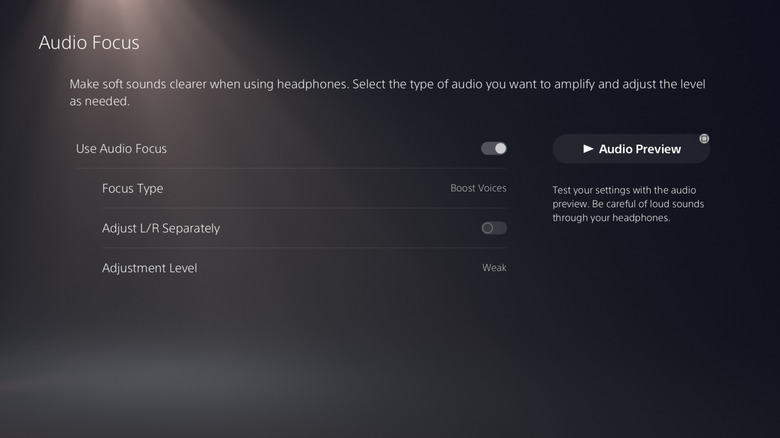 The Audio Focus screen in PS5 settings