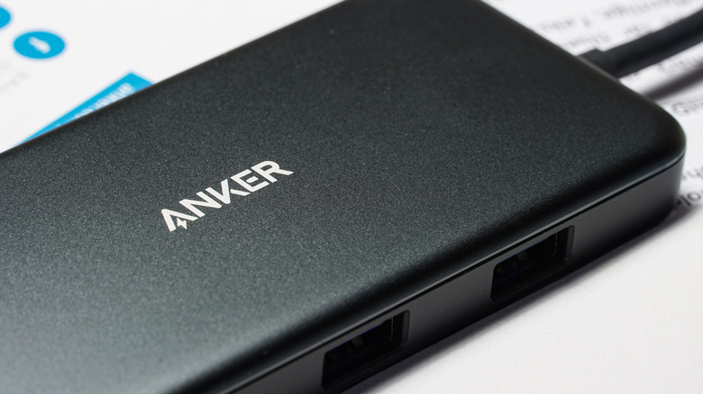 A side view of an Anker USB hub