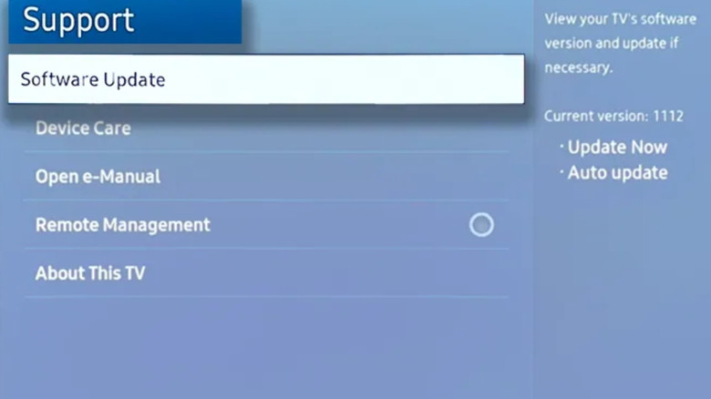 The Software Update option highlighted on the Support menu of a Samsung TV