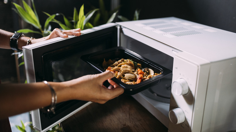 Person placing food inside a microwave