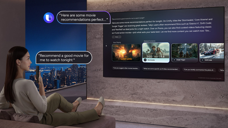 Samsung Vision AI technology and Bixby assistant are pictured in use through a living room TV.