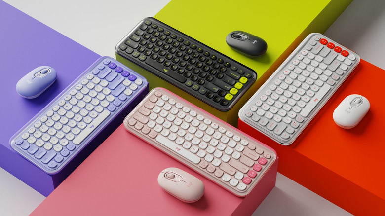 Logitech POP Icon Keys keyboards Pebble Mouse 2 M350s mice in multiple colors.