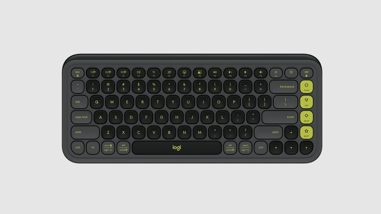 Logitech POP Icon Keys keyboard with black keys, shown from above on a light gray background.