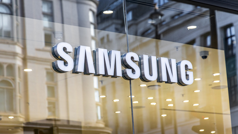 The Samsung text logo on a glass wall