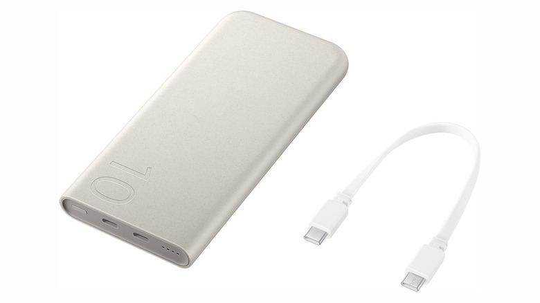 The Samsung 10,000 mAh battery pack and cable against a white background