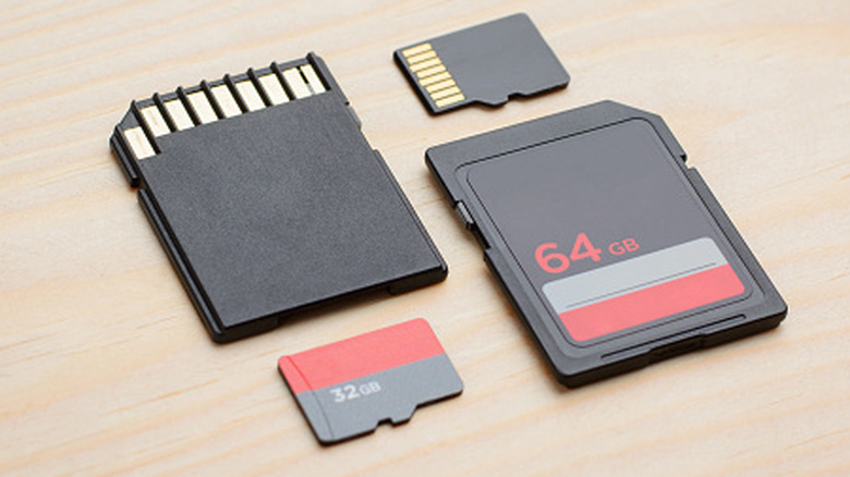 Close up of generic or no label SD cards laid out on a tabletop.
