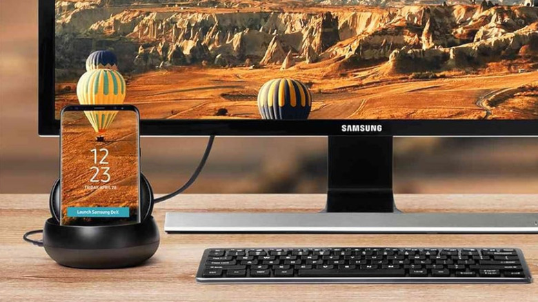 The Samsung DeX station connected to a Samsung computer monitor