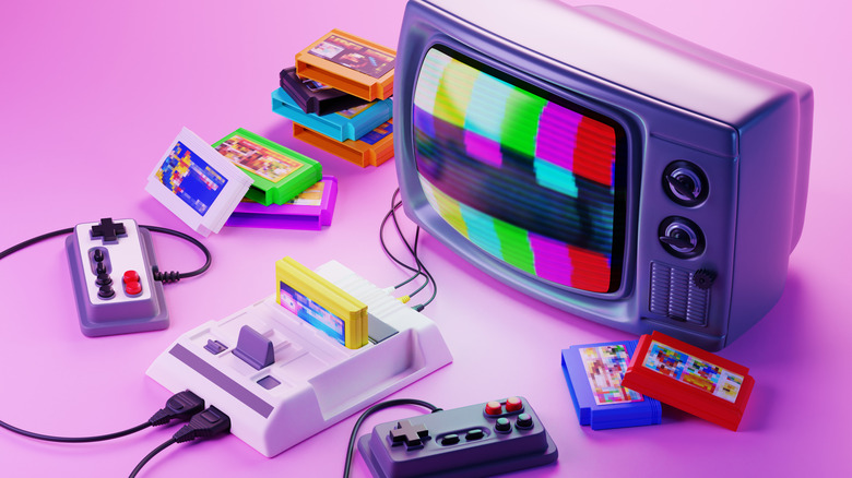 3D render of an SNES-style console with Nintendo-style game cartridges and controllers in front of a TV