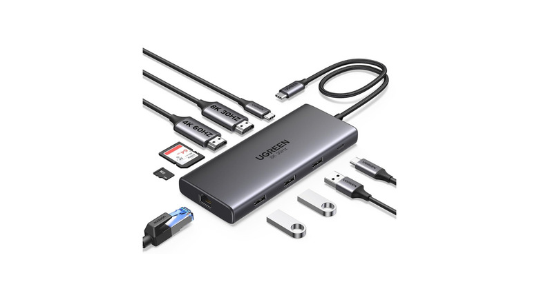 The Ugreen USB-C docking station showing all the devices that fit in its various ports