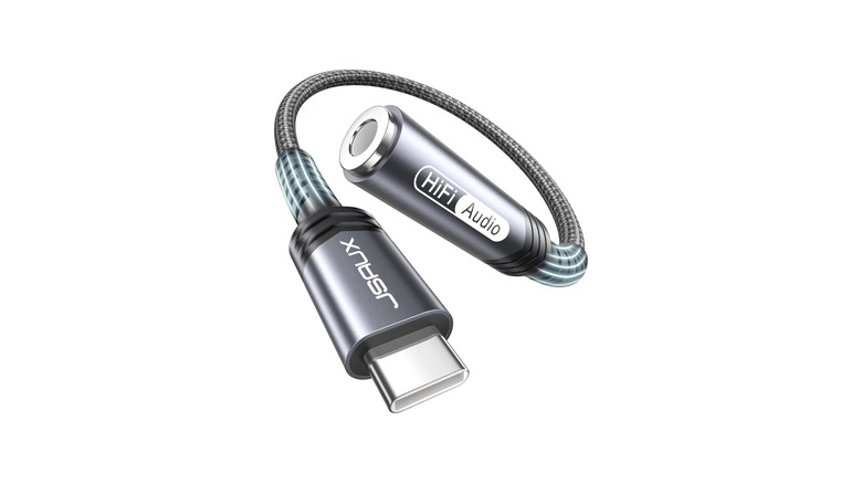 USB-C to 3.5 mm adapter cable on white background