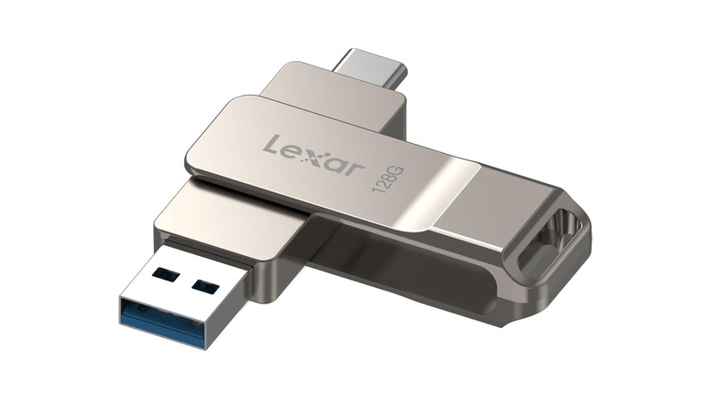 The Lexar 2-in-1 USB flash drive is pictured against a white background.