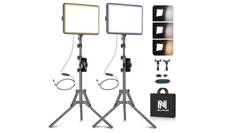 NiceVeedi 2-pack LED video light kit with two LED panels, tripods, phone holders, and other accessories.