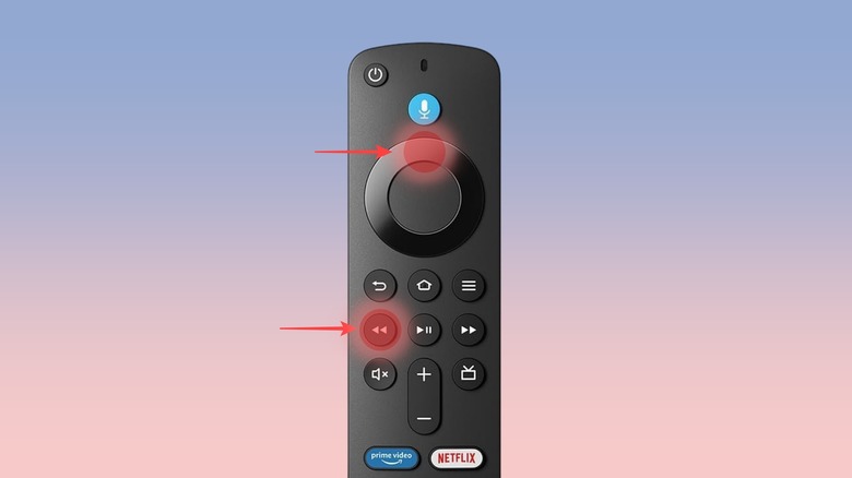 An illustration with arrows pointing to the Up and Rewind buttons on Alexa Voice Remote