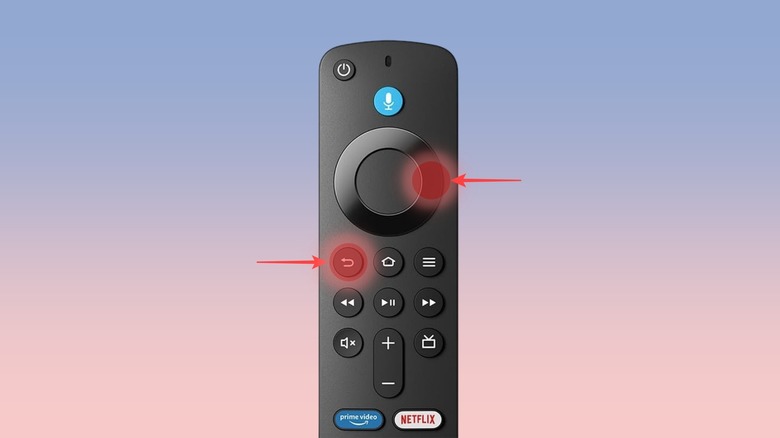 An illustration with arrows pointing to the Back and Right buttons on Alexa Voice Remote