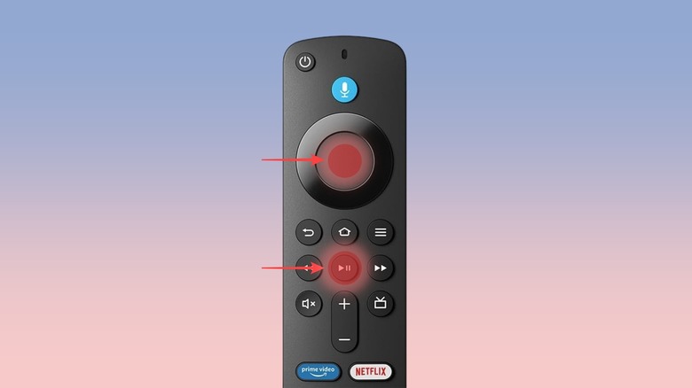 An illustration with arrows pointing to the Play and Select buttons on Alexa Voice Remote