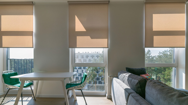 Smart blinds installed in an apartment living room.