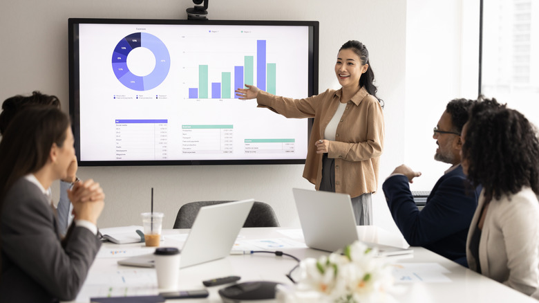 A woman standing in front of a television giving a presentation to several people, a bar and pie graph appear on the TV
