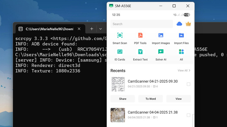 Android phone screen running CamScanner app on computer using ScrCpy