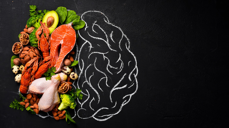 Drawing of a brain with healthy foods placed on top