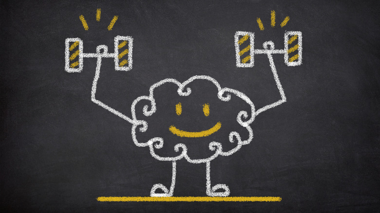 Drawing of human brain lifting weights