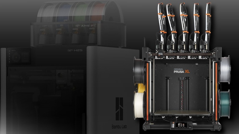 Prusa XL with 5 tool heads with a transparent Bambu Lab H25 on a black and white gradient background