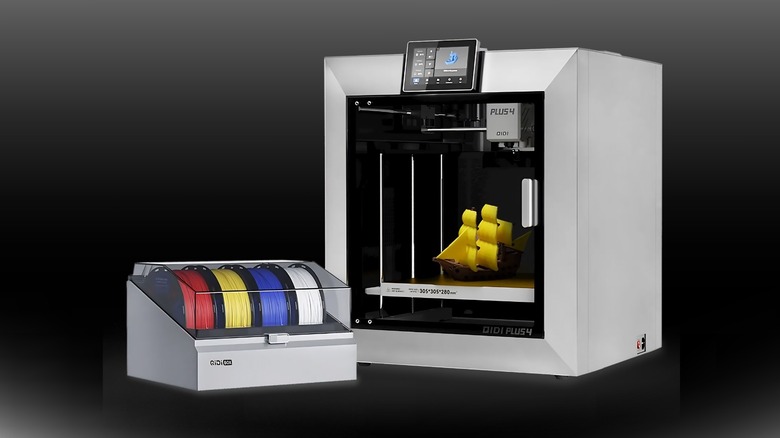 QIDI Plus4 Combo 3D Printer printing a corsair boat on a black to white gradient background