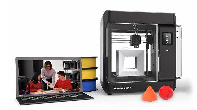 MakerBot Sketch showing off different 3D printed shapes alongside a stack of filament and a laptop showcasing the software ecosystem.