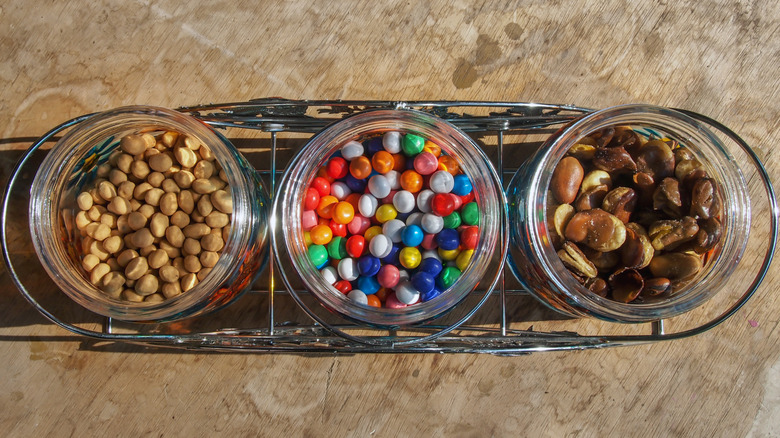 Overhead angle of snacks in a carrying caddy
